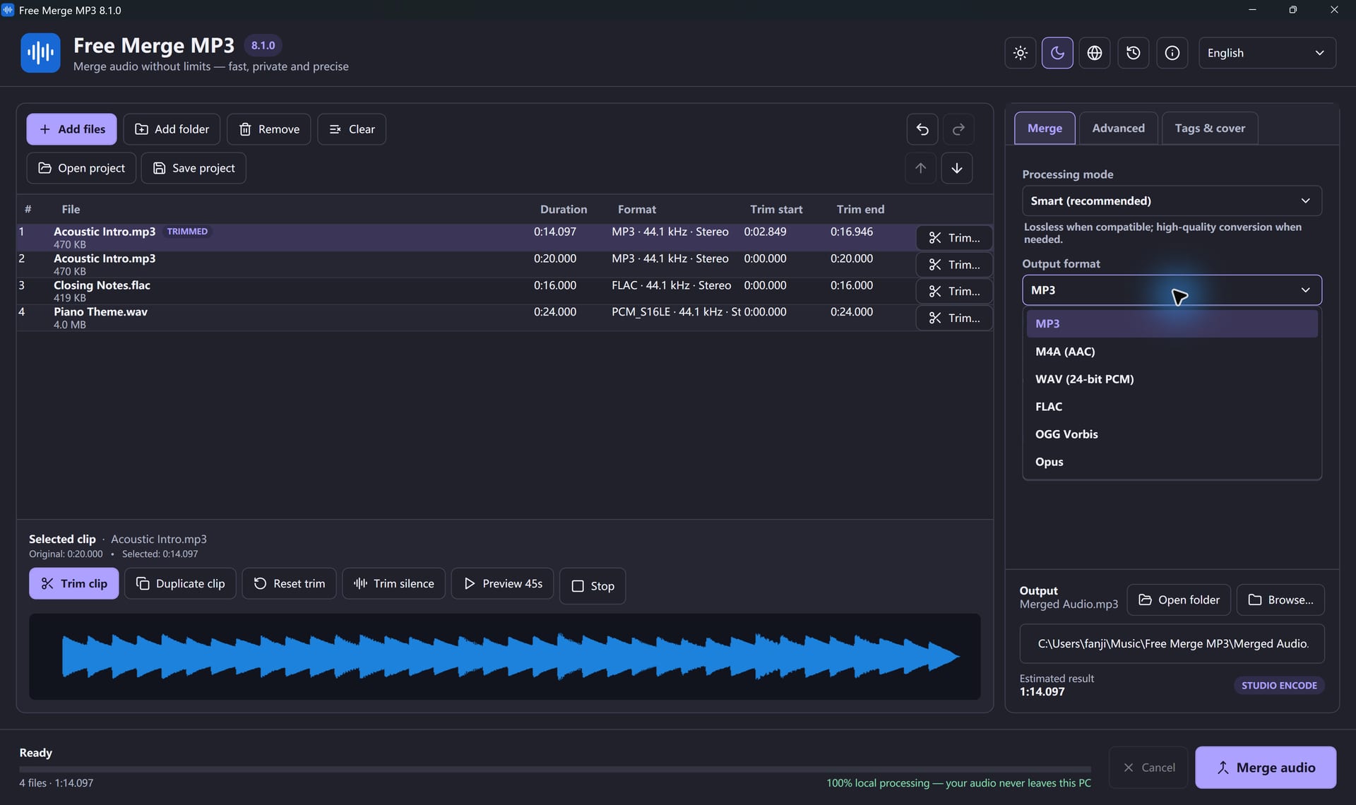 MP3, M4A, WAV, FLAC, OGG and Opus output formats